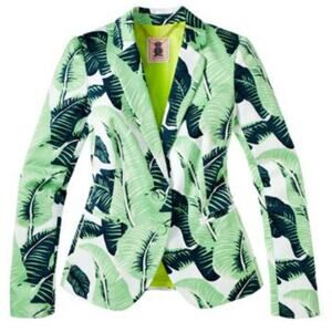 Juicy Couture Palmetto Tropical Leaf Print Jacket Blazer Size 8 Blue Green